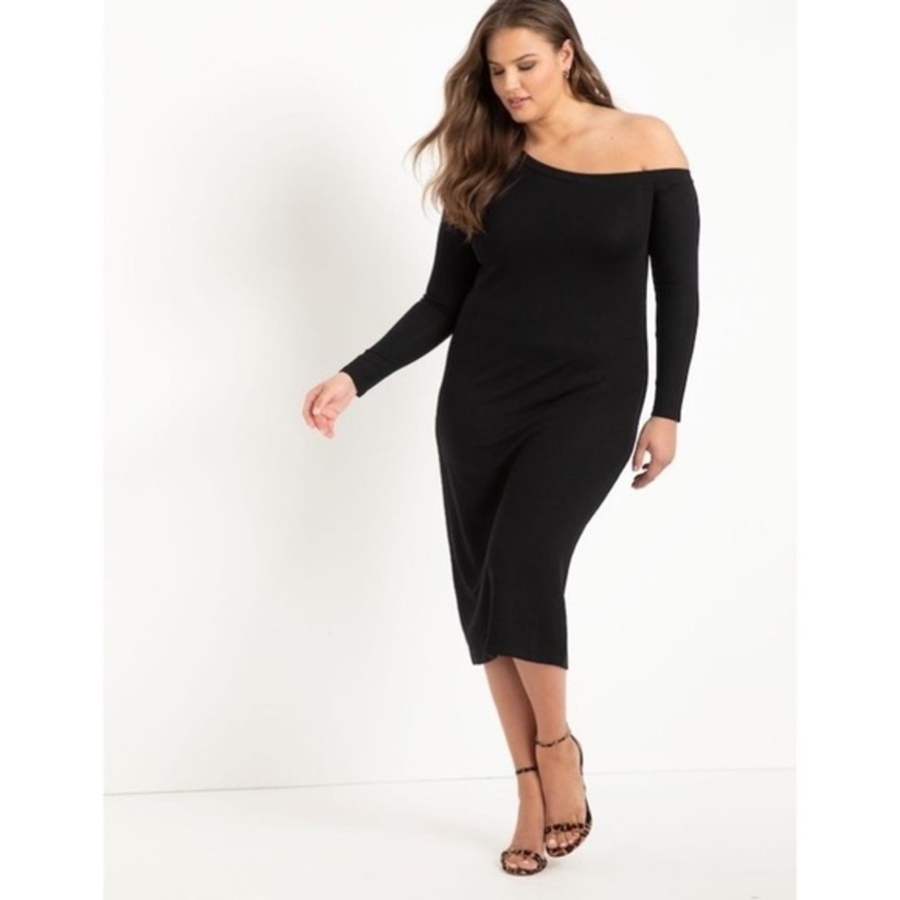 Eloquii Black One Shoulder Long Sleeve Knit Bodycon Midi Dress Plus Size…‎